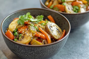 Couple of bowls of food on a table, everyday meal setup
