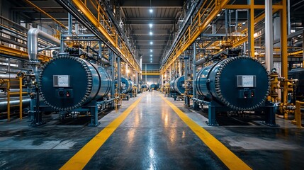 Obraz premium Industrial plant interior with machinery and piping.