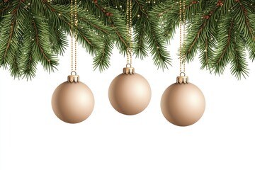 Three colorful Christmas ornaments hang from the branches of a decorated Christmas tree