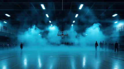 Indoor basketball court filled with fog, illuminated by overhead lights, and silhouetted people standing around. Atmosphere is surreal and moody with a focus on the basketball hoop.