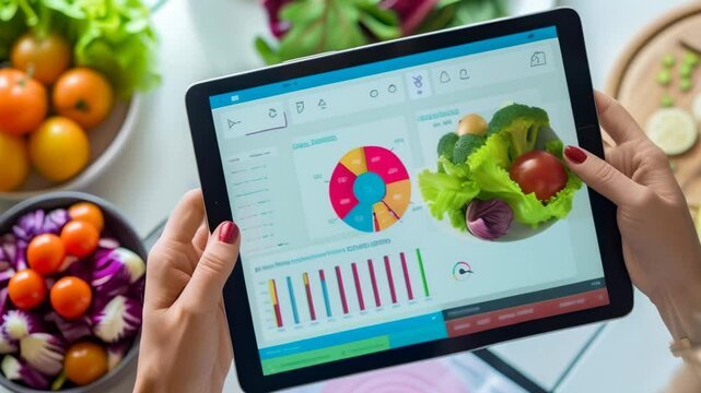 Nutritionist using a tablet is analyzing food intake and calories with charts and diagrams, surrounded by fresh vegetables and fruits, promoting healthy eating and balanced diet