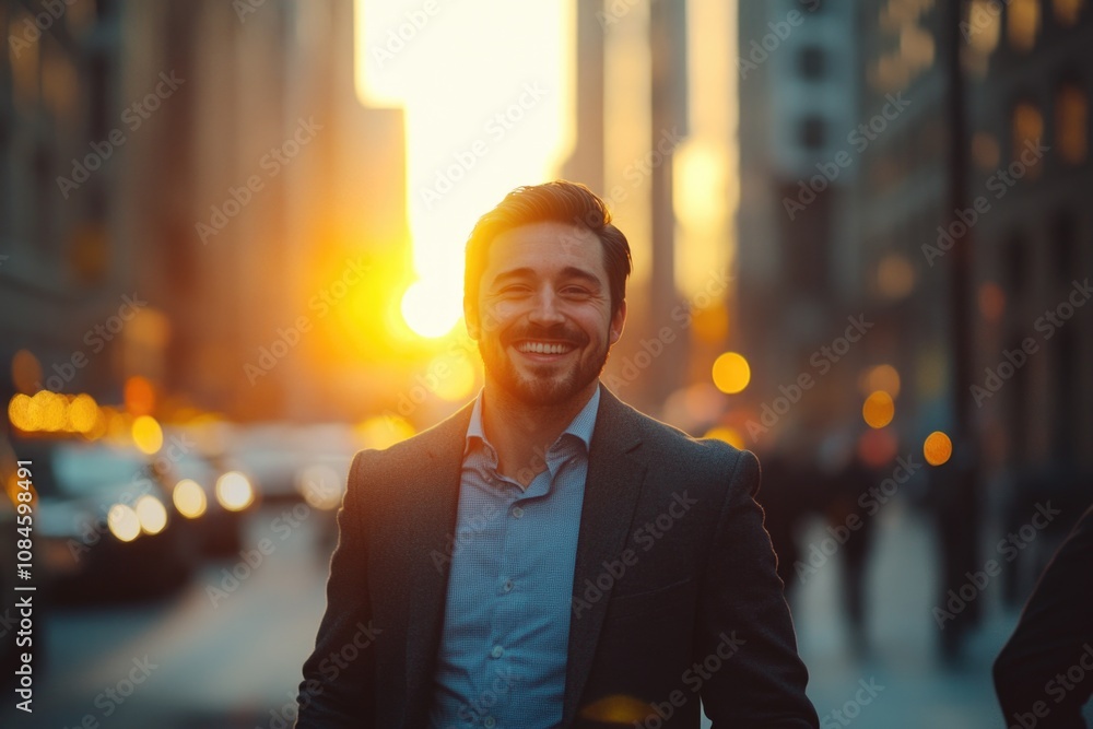 Poster a person smiling while walking in an urban environment, suitable for use in advertising or editorial