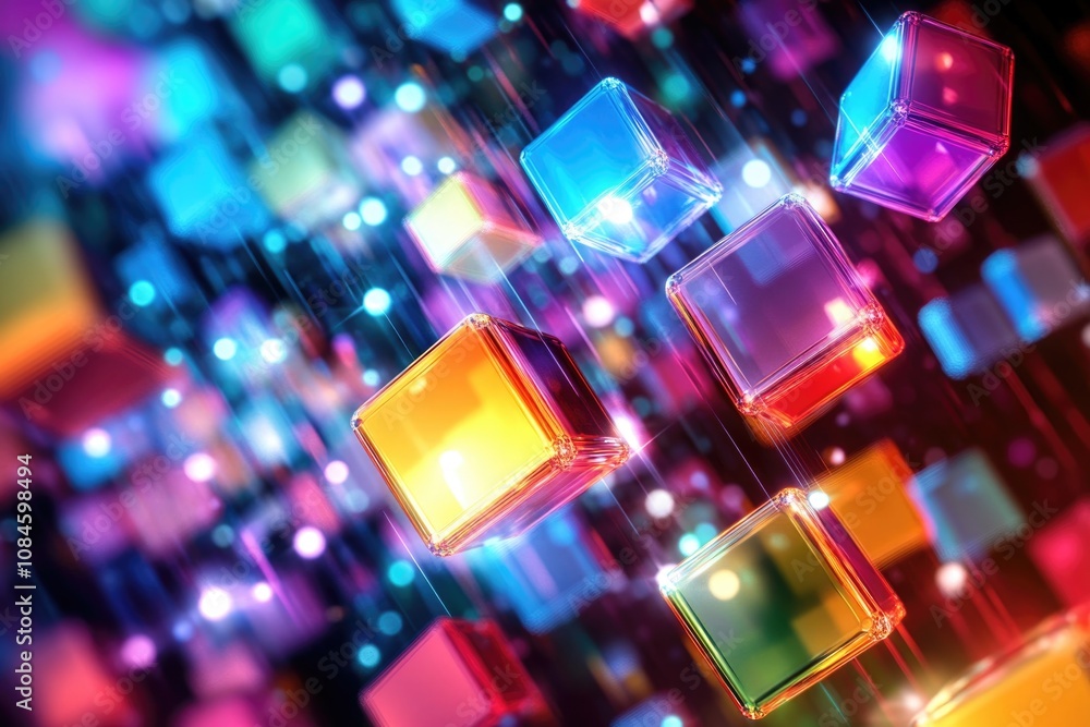 Poster a group of bright and vibrant cubes suspended in mid-air, adding a pop of color to any setting