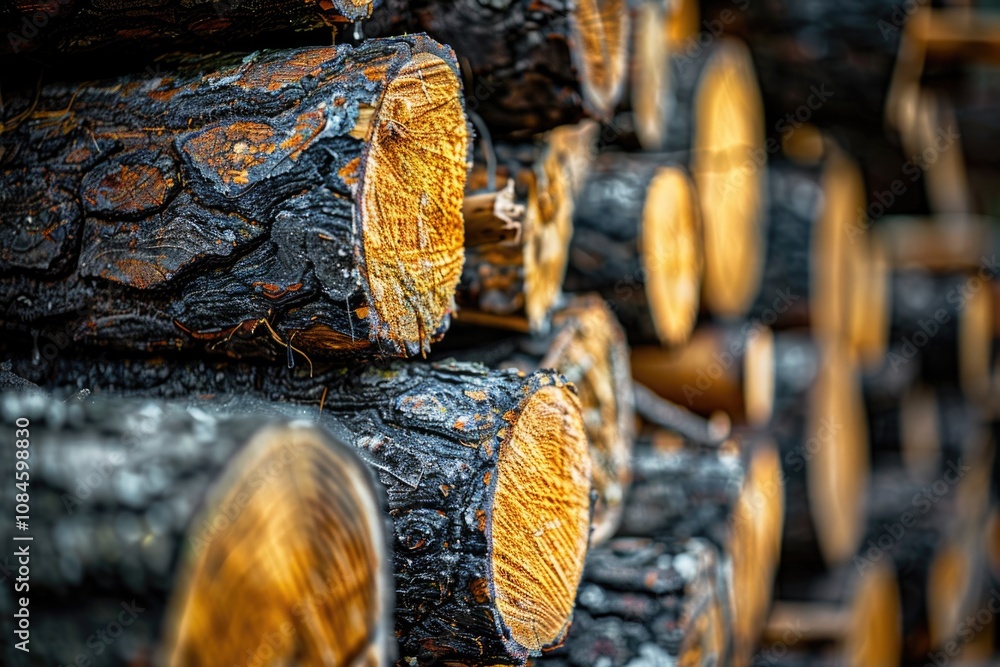 Poster a close-up view of a stack of logs, suitable for use in forestry or environmental contexts