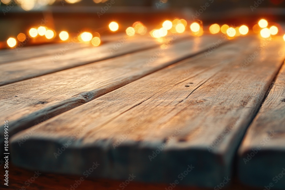 Poster A rustic wooden table covered with string lights for a cozy atmosphere