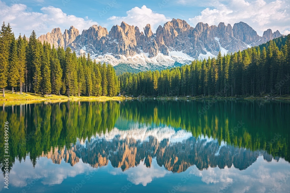 Poster a serene landscape of a lake surrounded by tall pine trees with a majestic mountain in the backgroun
