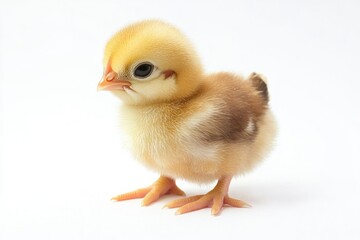 Obraz premium A small chicken stands on a white surface, looking around