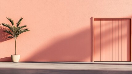 Minimalist scene with a potted palm tree against a peach-colored wall and a door casting a shadow