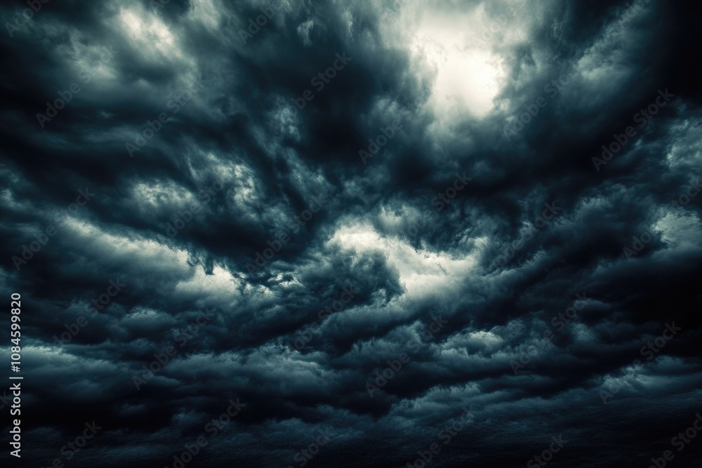 Poster a dark and moody cloud-filled sky in monochrome, perfect for use in atmospheric or introspective set