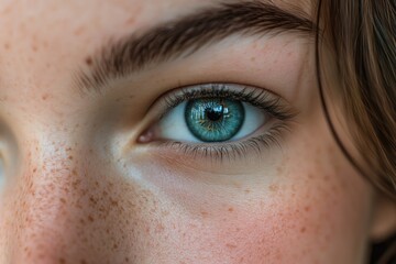 Obraz premium A close-up shot of a person's eye featuring distinctive freckles