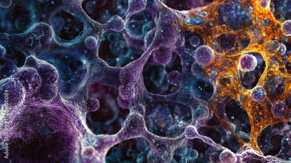 Poster intricate cellular structures interconnected in vibrant colors, depicting the complexity of biologic