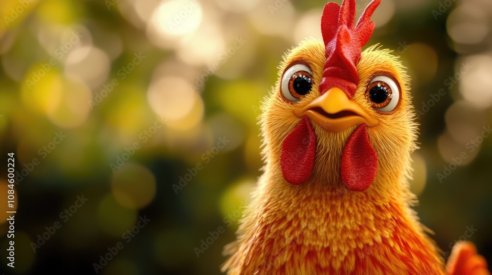 Poster a close-up shot of a chicken's head, highlighting its distinctive red comb and feathers