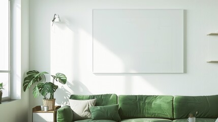 A green couch sits next to a window in a cozy living room setting