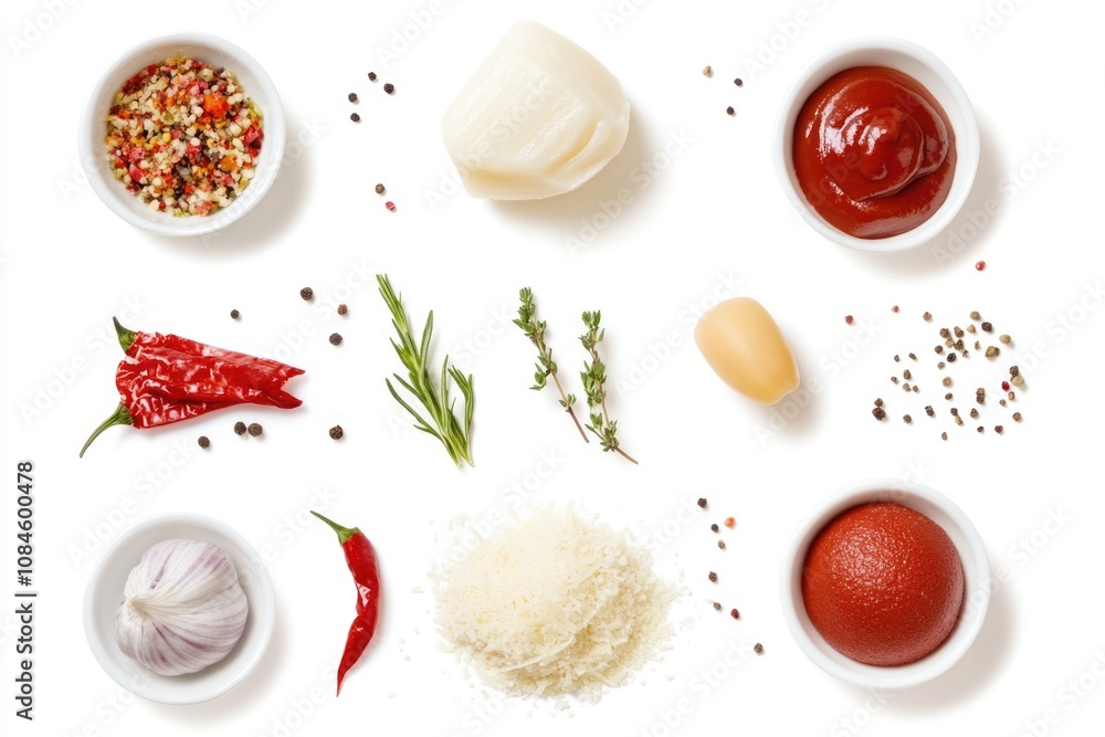 Poster a variety of condiments on display, ideal for use in food photography or as a prop in a commercial s
