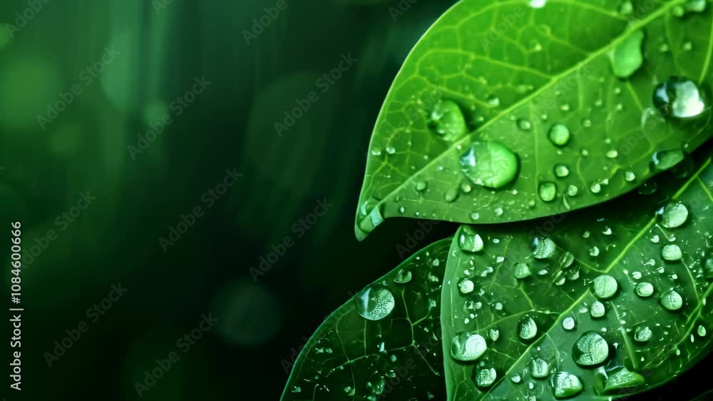 Poster Close up view of vibrant green leaves adorned with glistening water droplets, creating a refreshing and natural scene with a soft bokeh background
