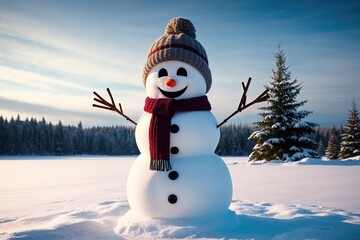 Obraz premium Cheerful Snowman in a Serene Winter Landscape with Woolly Hat