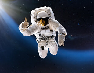 Astronaute dans l'espace fait un geste like devant la Terre
