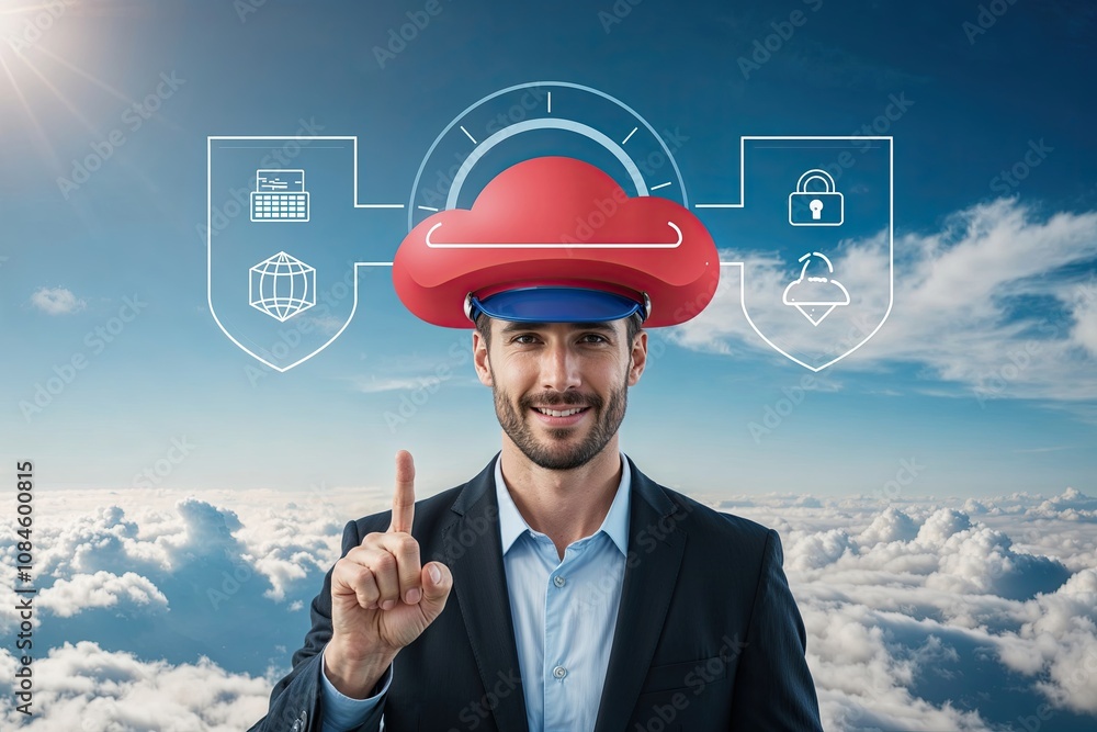 Poster beaming cloud cap with safety shield signifying cloud security protocols and network technology
