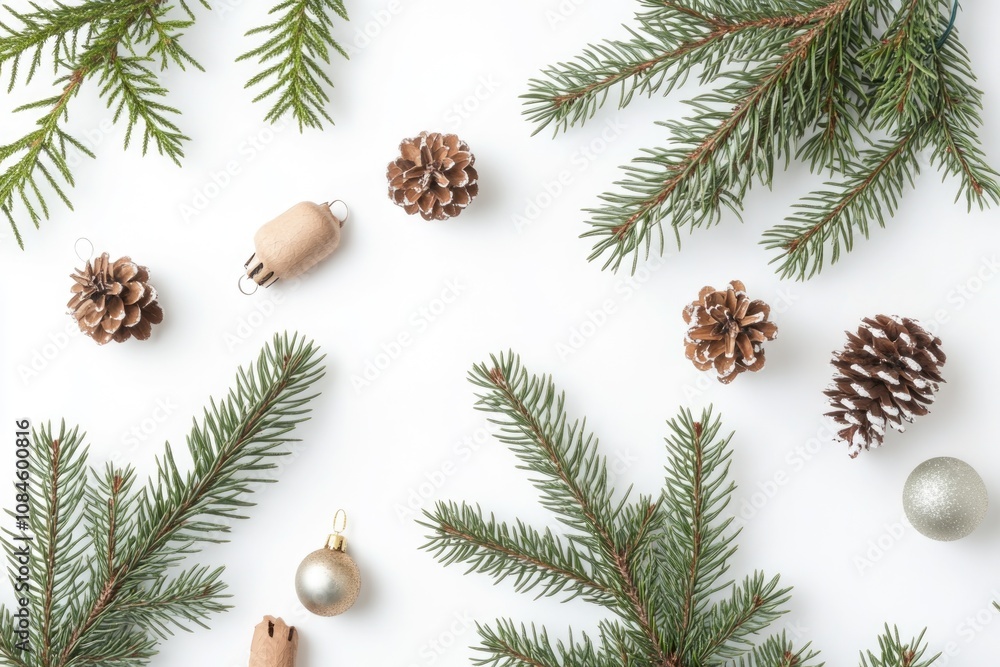 Aufkleber pine cones and ornaments arranged on a white surface