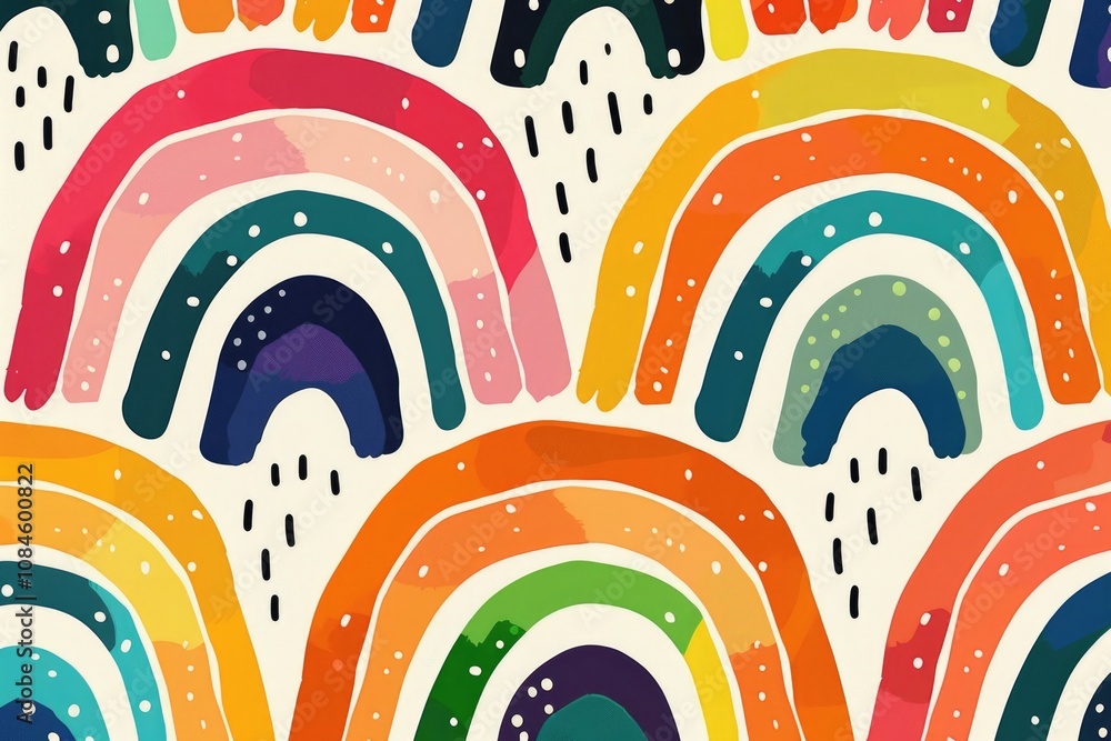 Poster a colorful pattern of rainbows and dots on a white background, perfect for design or illustration ne