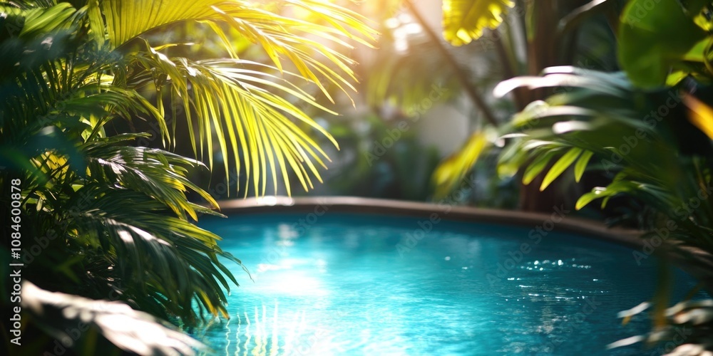 Poster a serene pool surrounded by palm trees in a tropical setting, ideal for relaxation and leisure activ