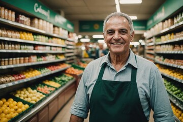 Close portrait of a smiling senior Brazilian male grocer standing and looking at the camera, Brazilian grocery store blurred background