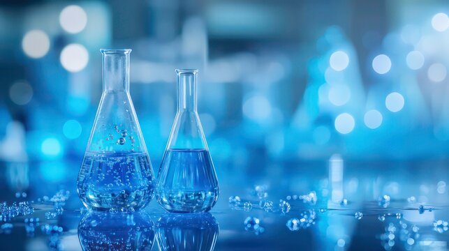 Blue chemistry laboratory background with water in beaker and flask glass