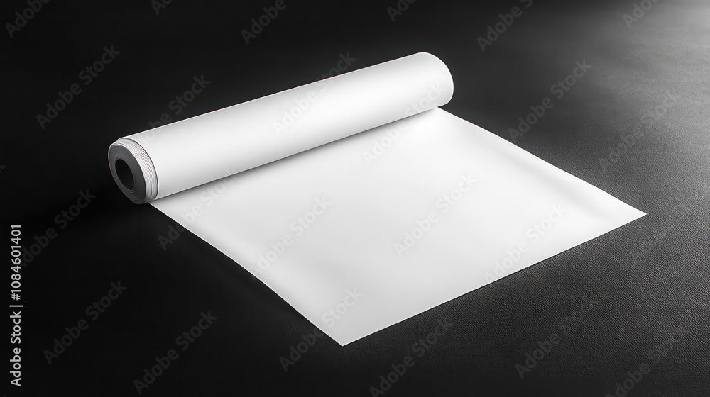 Poster blank white paper roll or sheet laying flat on dark table or desk background empty clean template fo