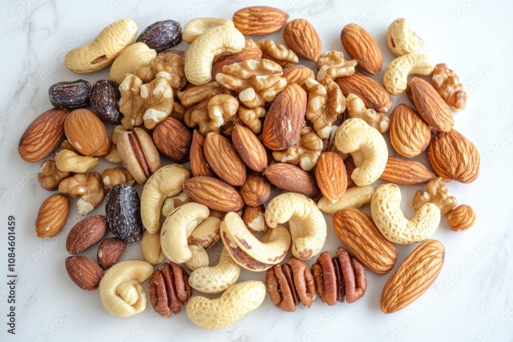 Poster A collection of various nuts arranged neatly on a wooden table