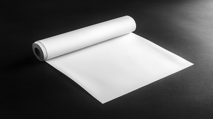 Blank white paper roll or sheet laying flat on dark table or desk background Empty clean template for product display business branding corporate identity and graphic design presentation
