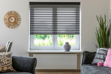 Cozy living room interior with comfortable furniture, large window with natural light