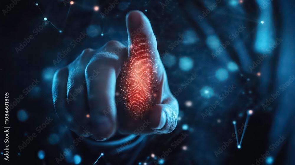 Poster close-up of a hand with a glowing red fingerprint on the index finger. the finger is pointing forwar