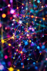 Fototapeta premium Abstract Colorful Network of Interconnected Lights and Dots on Dark Background