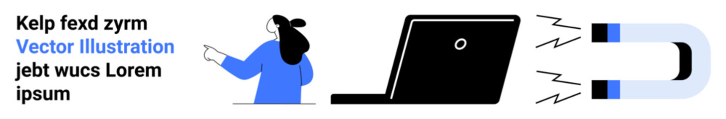 Woman pointing at text, laptop, and magnet attracting. Ideal for marketing, digital engagement, advertising, education, technology, online communication, business growth. Banner for landing page