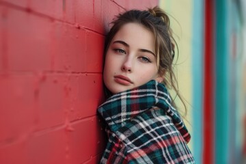 Fototapeta premium A young woman leaning against a bright red wall in a bold pose