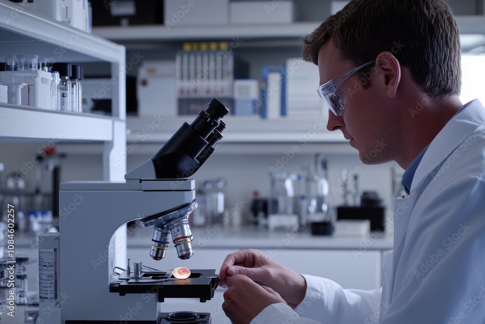 Poster A scientist studies a sample using a microscope, providing close-up examination and analysis