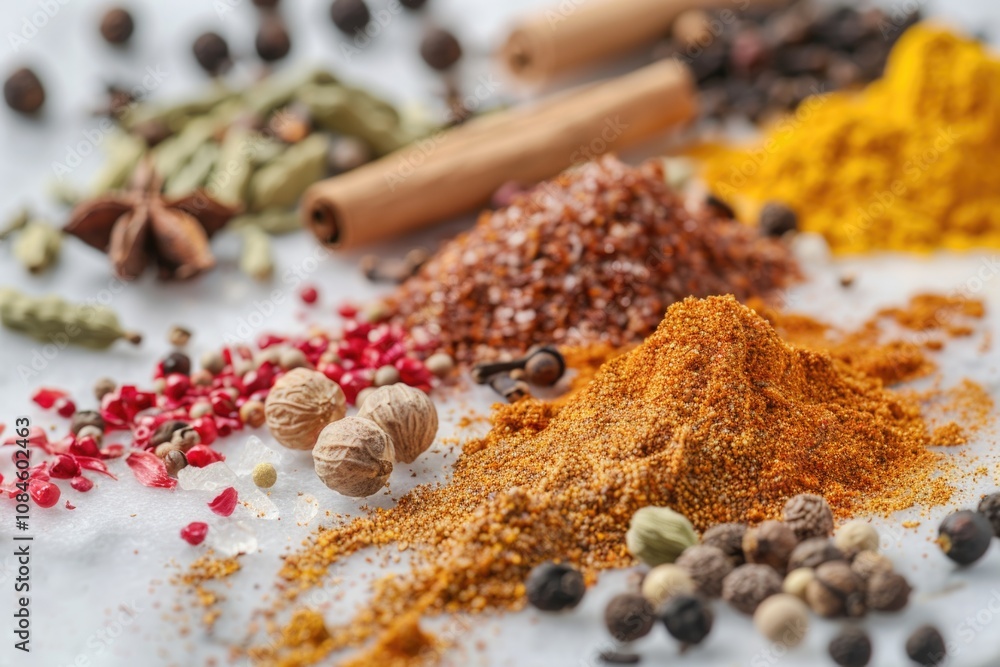 Aufkleber variety of spices displayed on a table with different shapes, colors, and textures