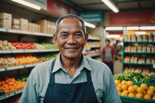 Close portrait of a smiling senior Cambodian male grocer standing and looking at the camera, Cambodian grocery store blurred background