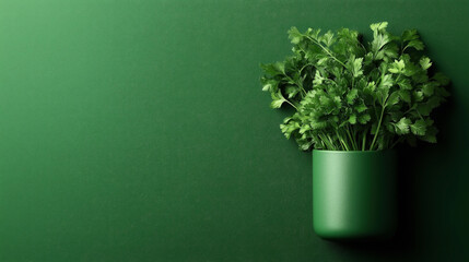 Fresh green parsley leaves in a modern green pot against a matching green textured background