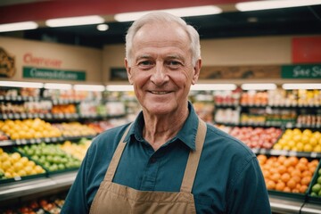 Close portrait of a smiling senior Canadian male grocer standing and looking at the camera, Canadian grocery store blurred background