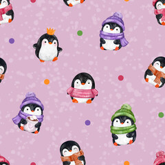 watercolor seamless pattern of penguin and dots