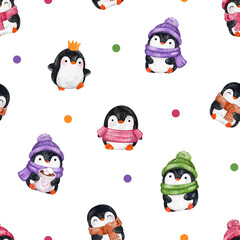 watercolor seamless pattern of penguin and dots