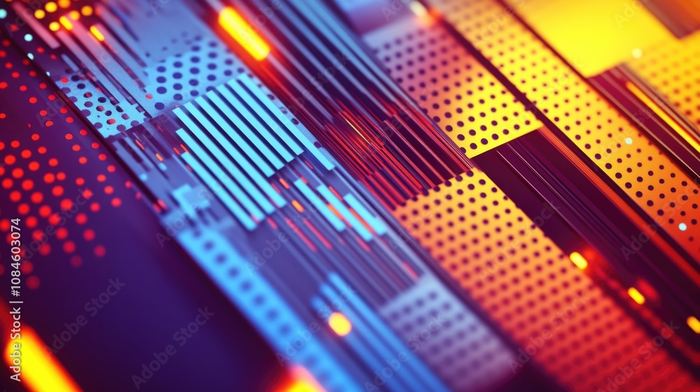 Poster a close-up of a metal structure lit by red and blue lights, suitable for use in technology or indust