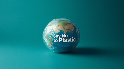 Earth wrapped tightly in plastic, surrounded by bold text saying "Say No to Plastic," against a Phthalo Green background