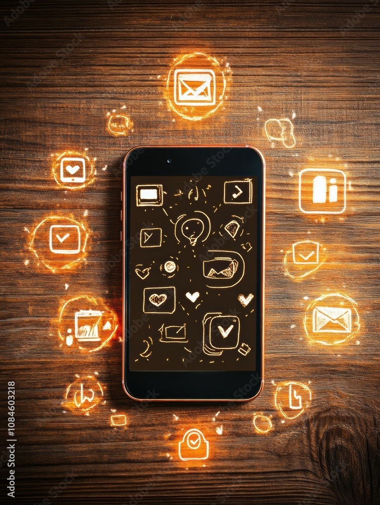Leinwandbilder a smartphone rests on a wooden surface with glowing popup icons indicating notifications and interac