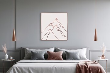 Sophisticated Minimalist Mountain Peak Line Art with Rose Gold Highlights on Soft Gray Canvas