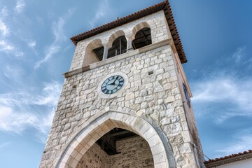 A clock tower with a clear blue sky background