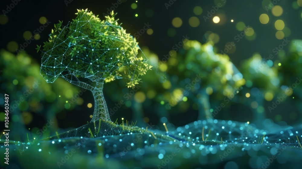 Poster a stylized digital representation of a tree with glowing dots on the branches, standing in a forest 