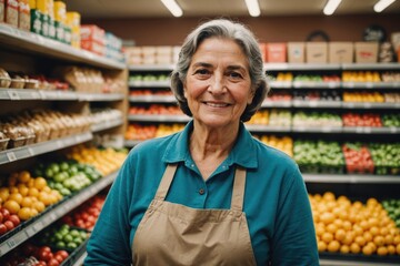 Fototapeta premium Close portrait of a smiling senior Chilean female grocer standing and looking at the camera, Chilean grocery store blurred background