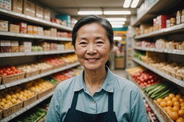 Close portrait of a smiling senior Chinese female grocer standing and looking at the camera, Chinese grocery store blurred background